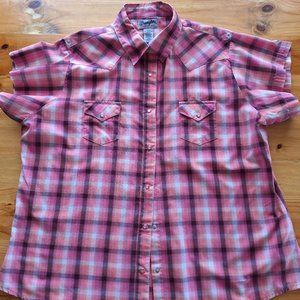 Juniors XXL pink and Coral/purple Plaid Snap Up Short Sleeve Top